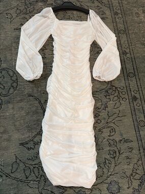 Amazon White Ruched Puff-Sleeve Midi Dress